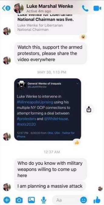 screenshot of a conversation with luke wenke saying he is planning a massive attack