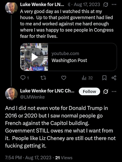 luke wenke says the government owes him and he wants politicians to fear for their lives august 2023 x/twitter screenshot