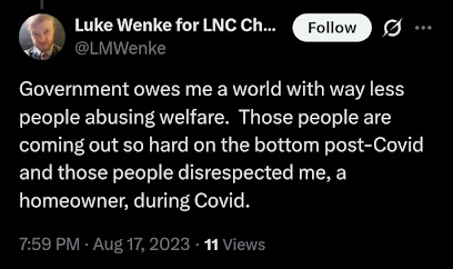 luke wenke says the government owes him and complains about welfare abusers x/twitter screenshot august 2023
