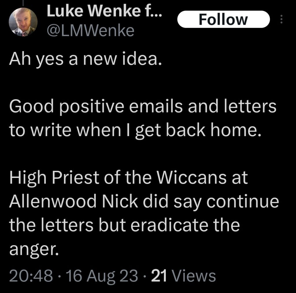 luke wenke x twitter screenshot letter writing obsession 09/16/2023
