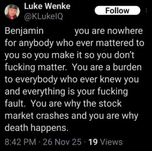luke wenke x twitter screenshot ryan benjamin teeter obsession 2025