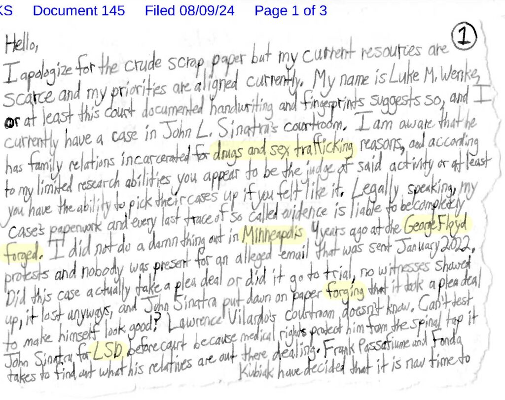 letter from luke wenke to the honorable lawrence j. vilardo 08/09/2024
