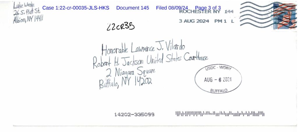 letter from luke wenke to the honorable lawrence j. vilardo 08/09/2024