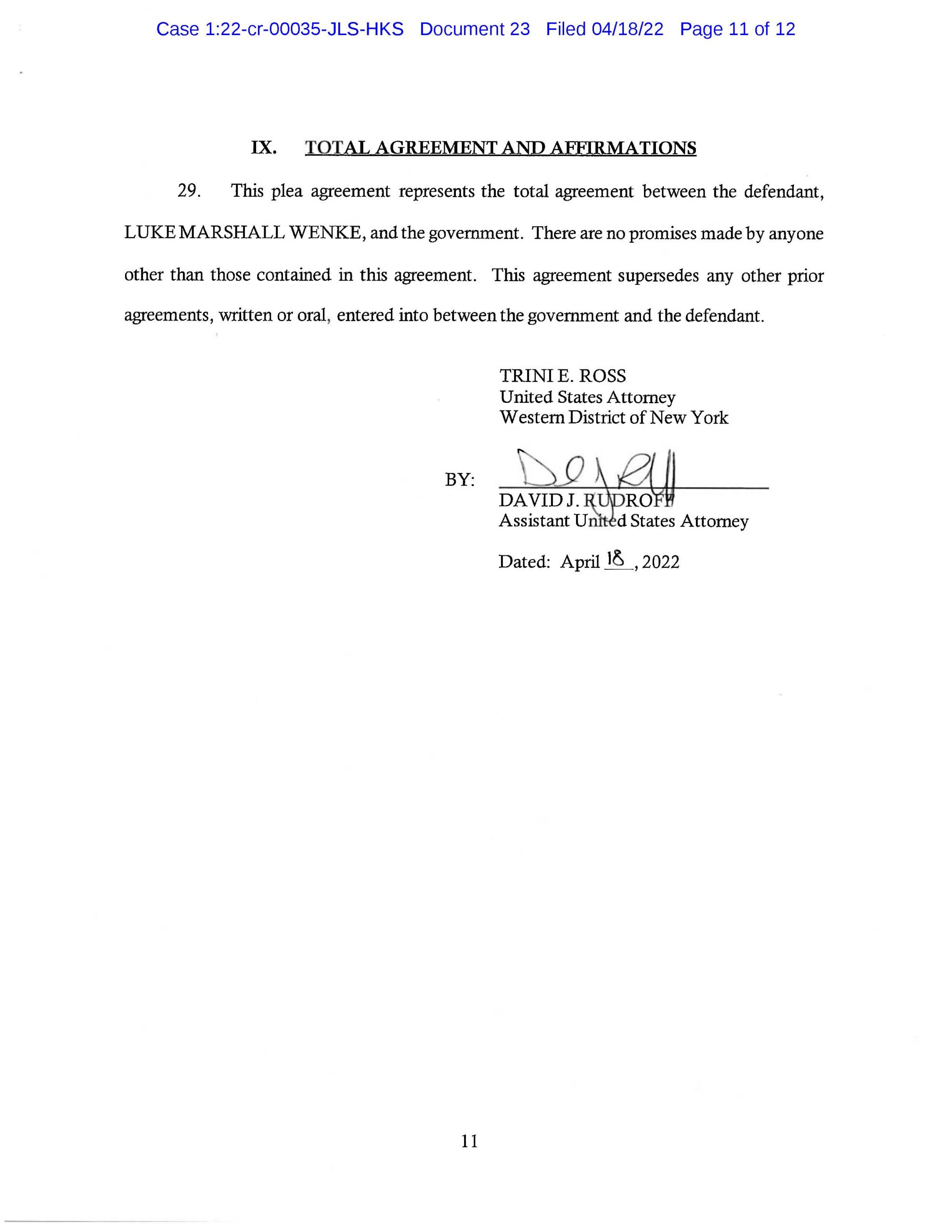 usa v. luke wenke cyberstalking plea agreement april 2022