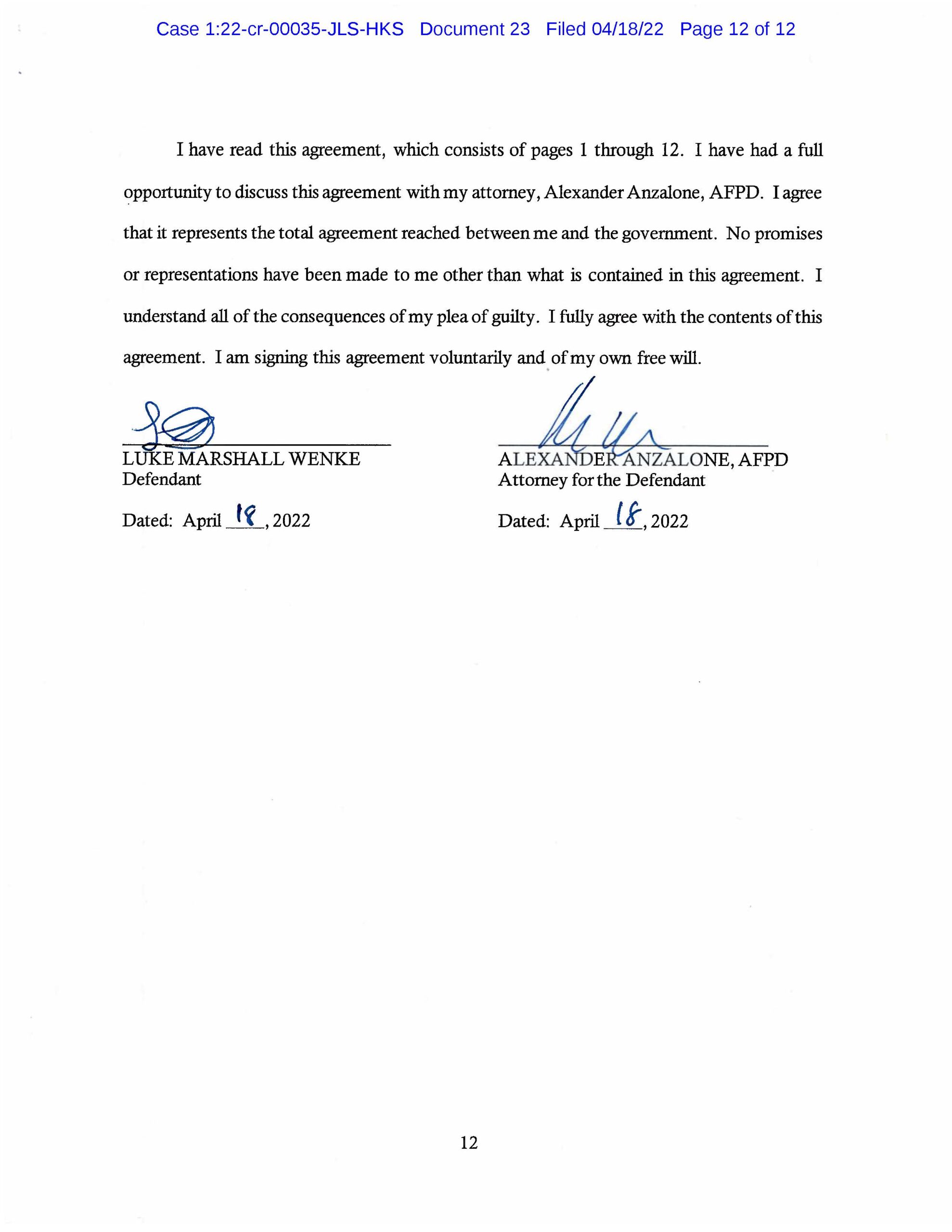 usa v. luke wenke cyberstalking plea agreement april 2022