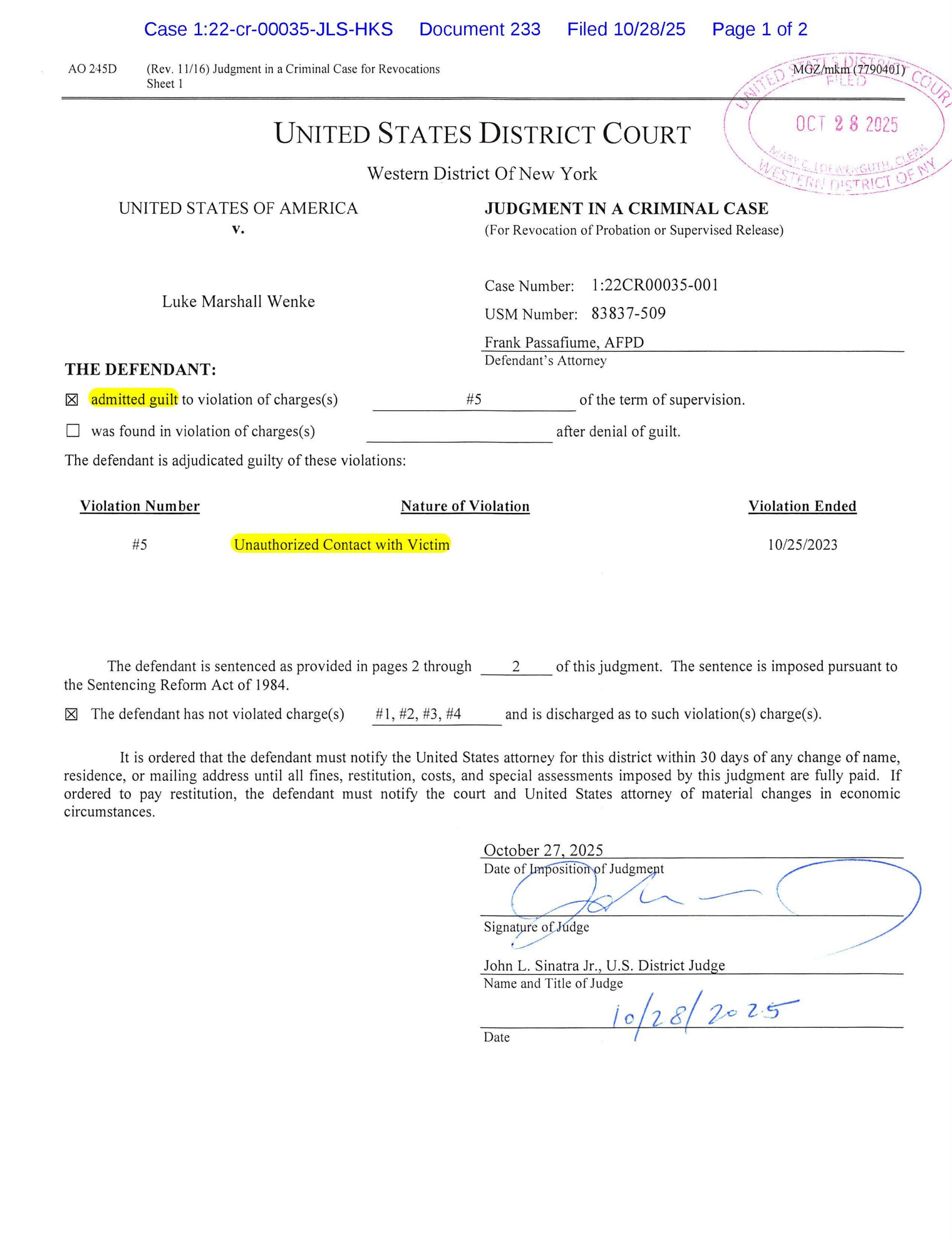 the federal court's official judgment against luke wenke for violating probation 2025