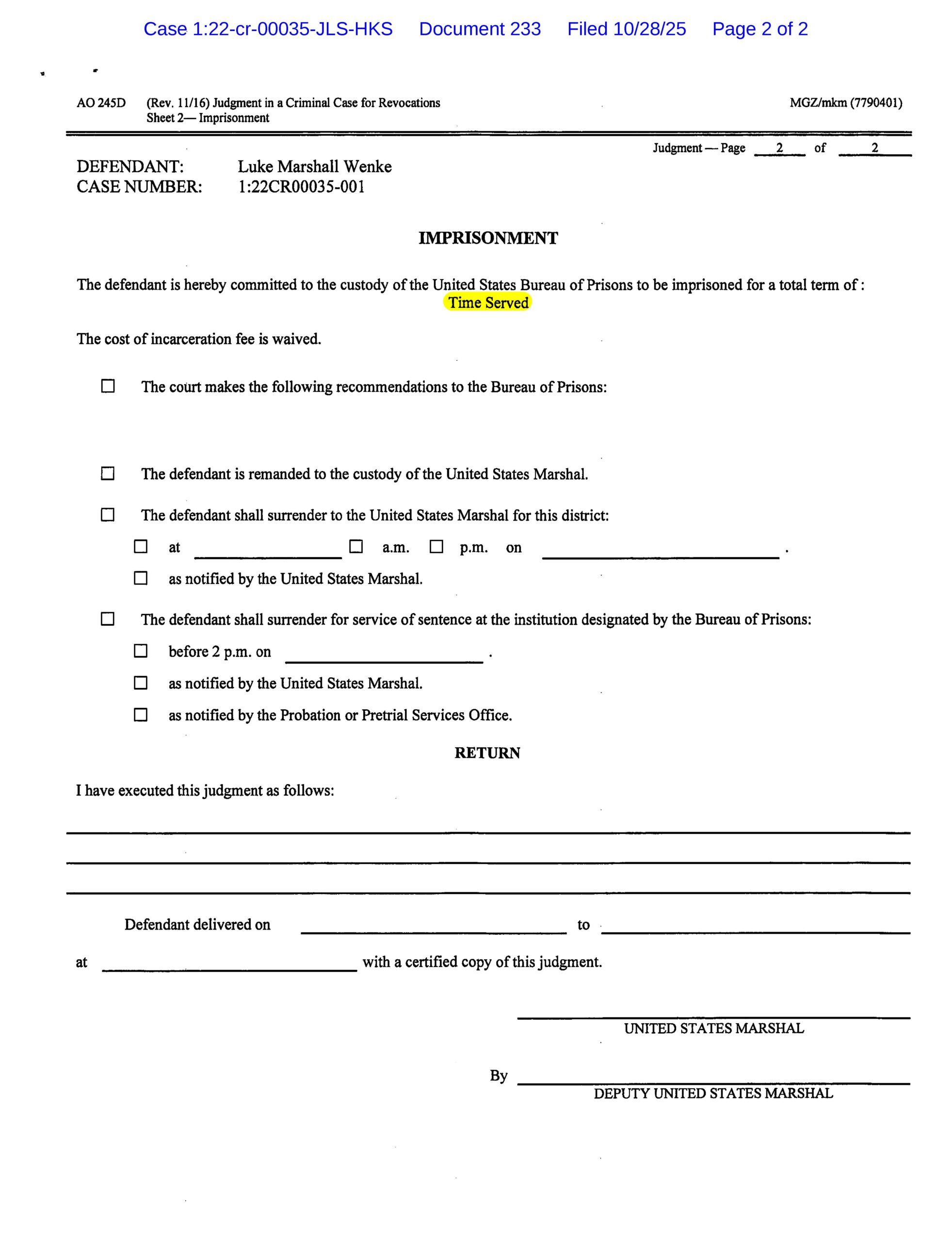 the federal court's official judgment against luke wenke for violating probation 2025