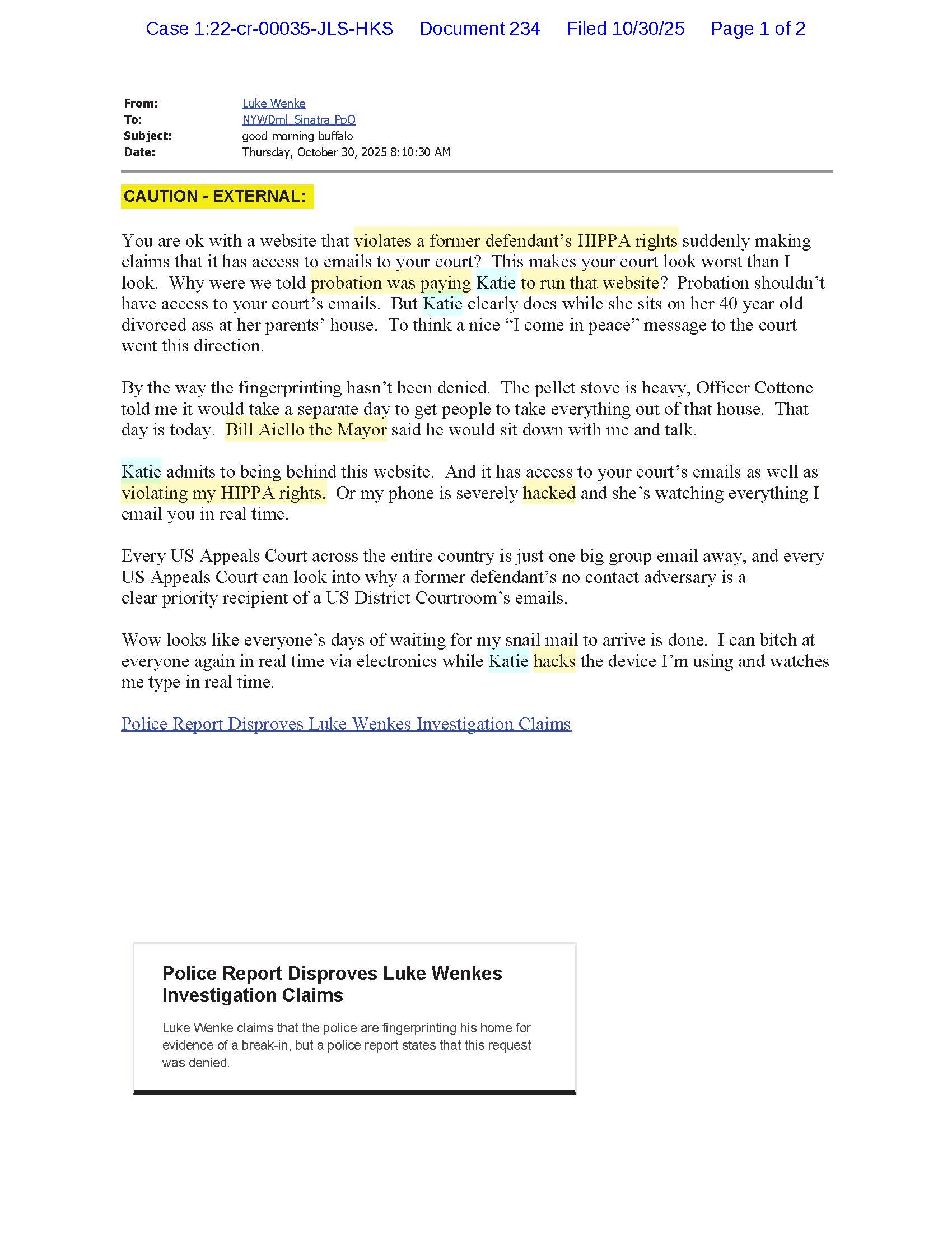 an email from luke wenke to federal judge john sinatra, jr;; 10/30/2025.
