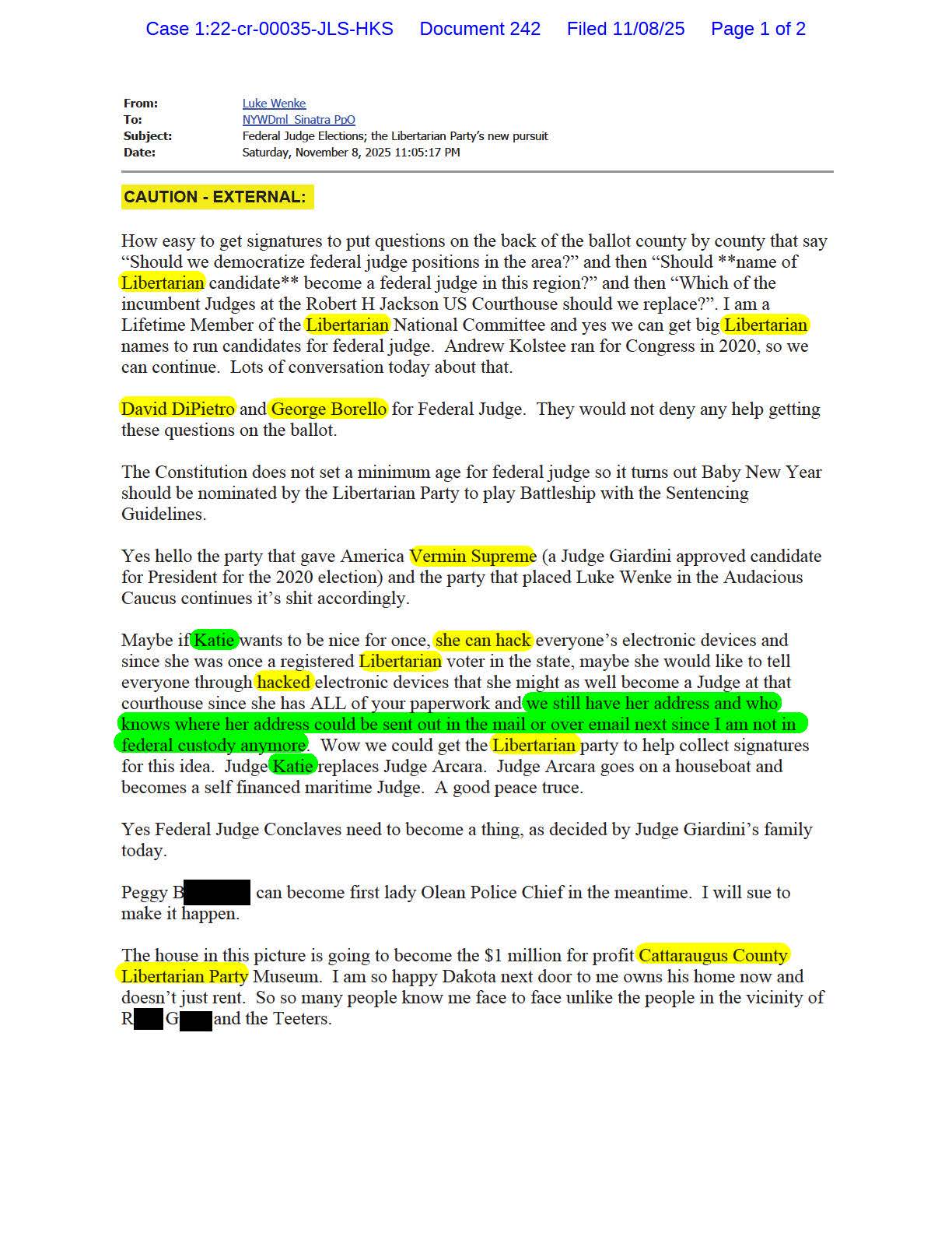 email from luke wenke to the honorable john l. sinatra, jr.; november 2025