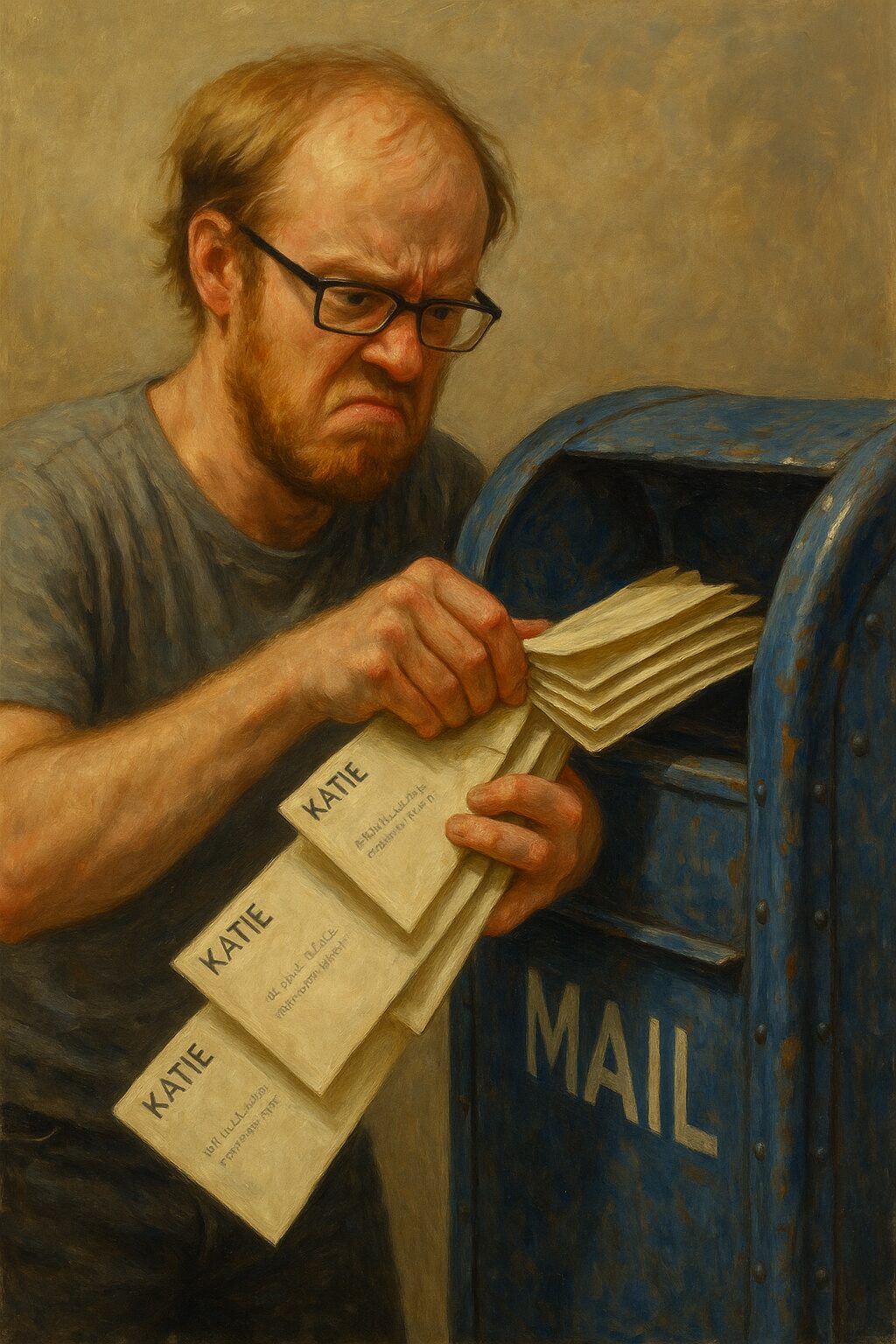painterly depiction of a generic balding 30-something white man stuffing envelopes labeled "katie" into a post box