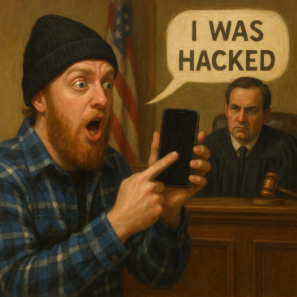 a generic bearded 30-something white criminal defendant insisting to a judge that his phone was hacked