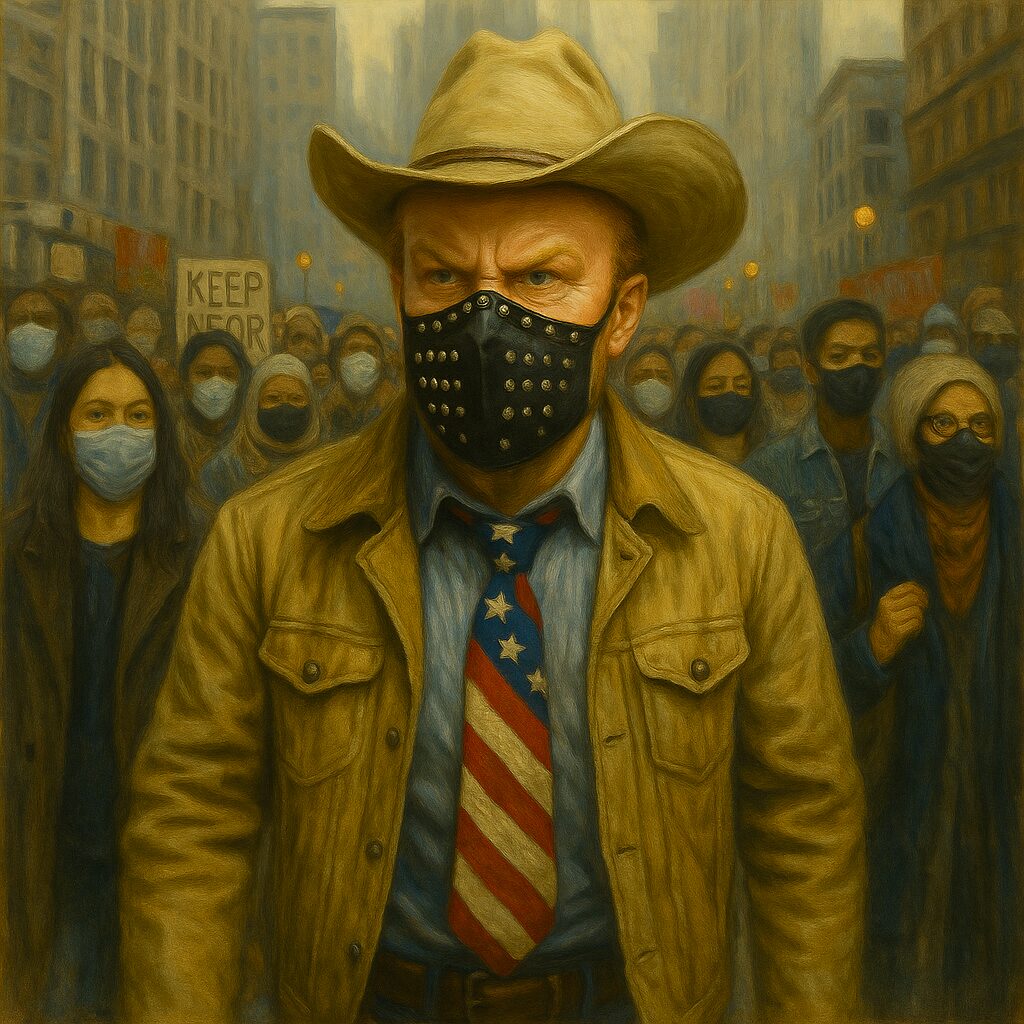 not luke wenke angry white man patriotic tie cowboy hat tan jacket black mask crowd city