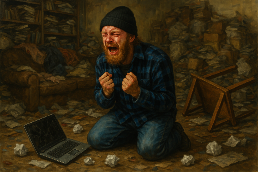 not luke wenke white man angry on his knees crying hoarded house laptop computer smashed