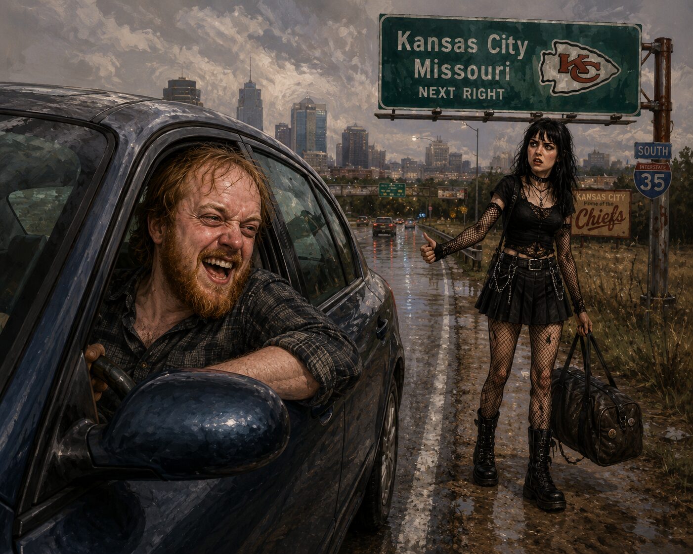 a painterly/comic-like image of a 30-something white male driver laughing as he abandons a young woman along a kansas city missouri roadside