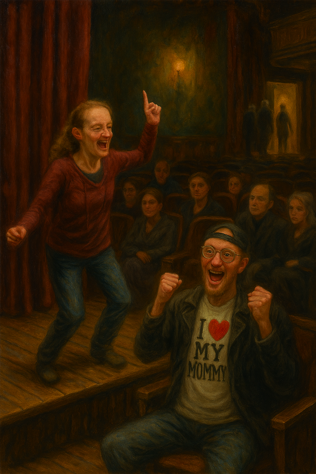 a painting-like image of a 50-something blonde woman singing on stage for a mostly empty auditorium while her adult son cheers her on in an "I