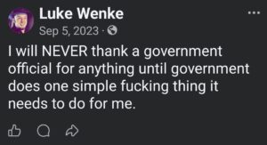 luke wenke says he will never thank the us government and makes demands september 2023