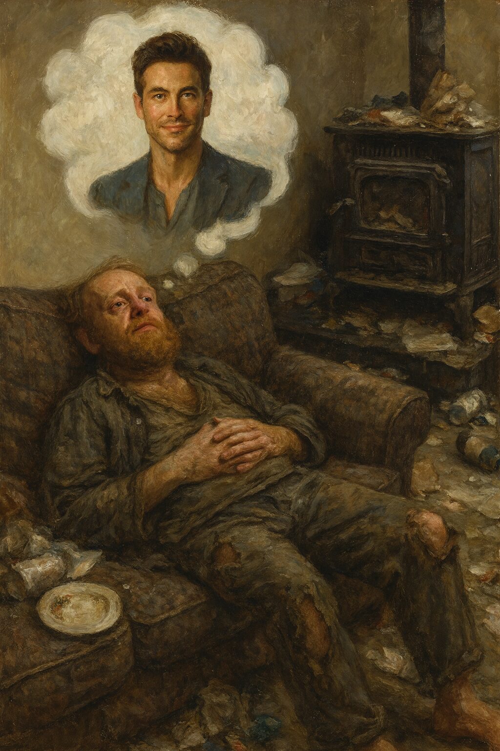 a disheveled and dirty generic white man daydreaming about a male crush in a filthy hoarded house