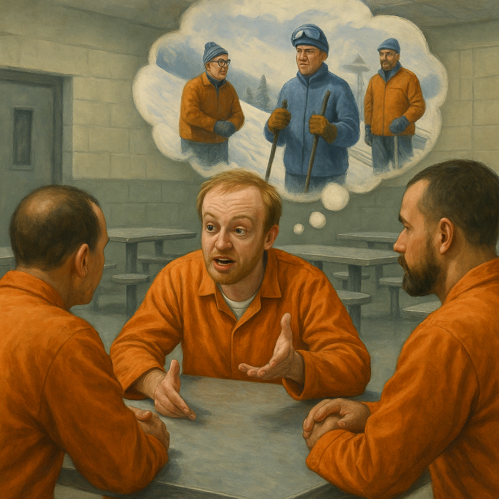 a generic white orange jumpsuit-clad male inmate pitching business ideas to fellow prisoners in a penitentiary cafeteria
