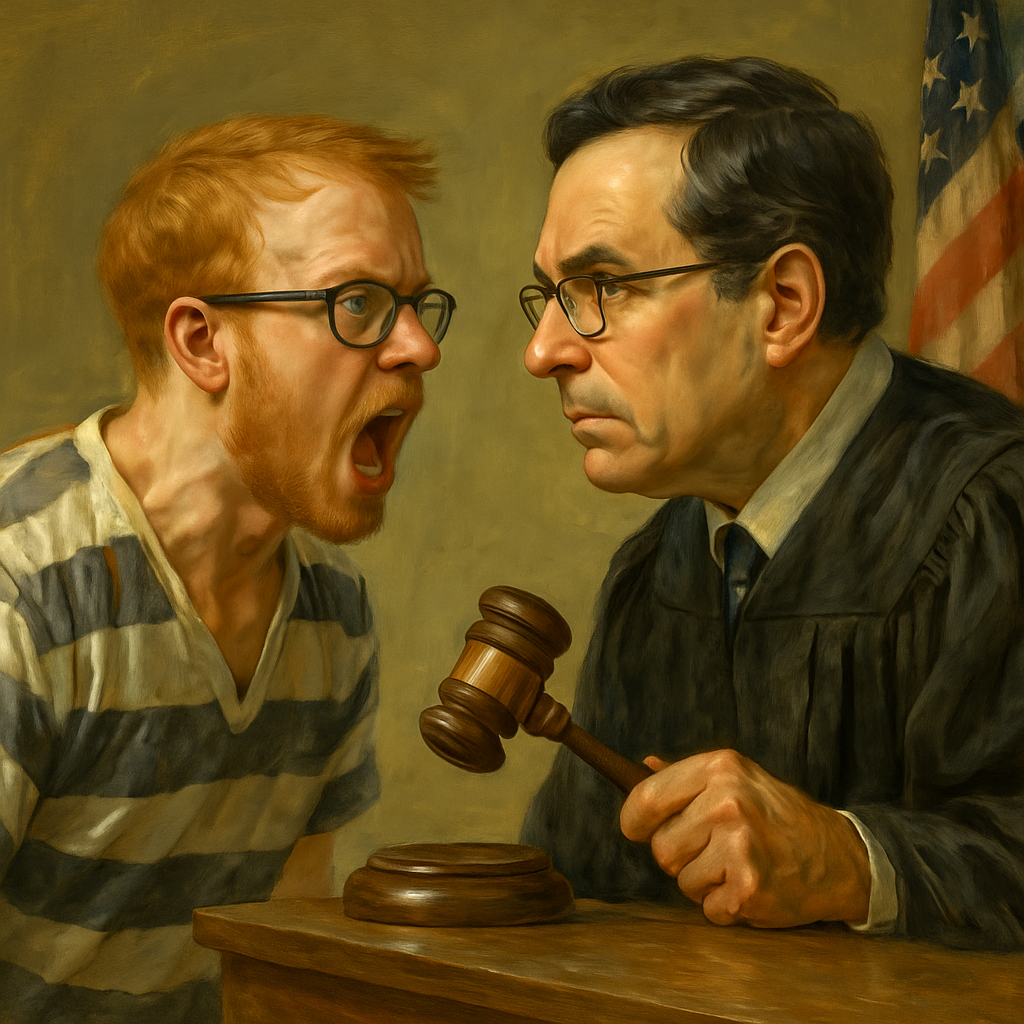 not luke wenke inmate jail stripes white man red hair black glasses screaming at middle aged white judge courtroom