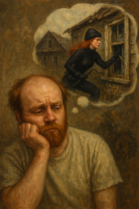 not luke wenke sad depressed white tshirt balding white man chini n hand daydream redhead burglar female intruder