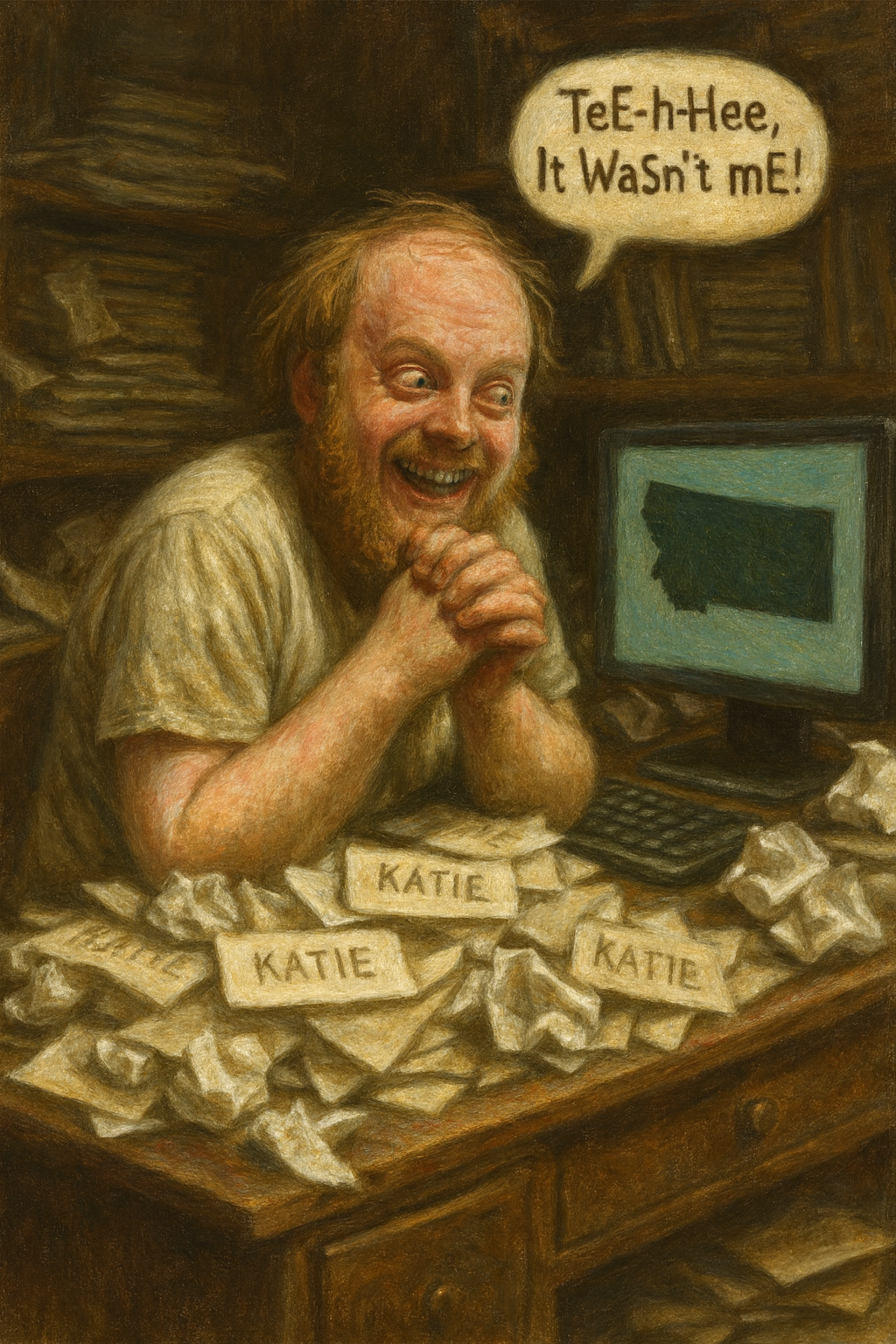 not luke wenke obsessed creepy balding white man sitting at desk white tshirt letters katie obsession