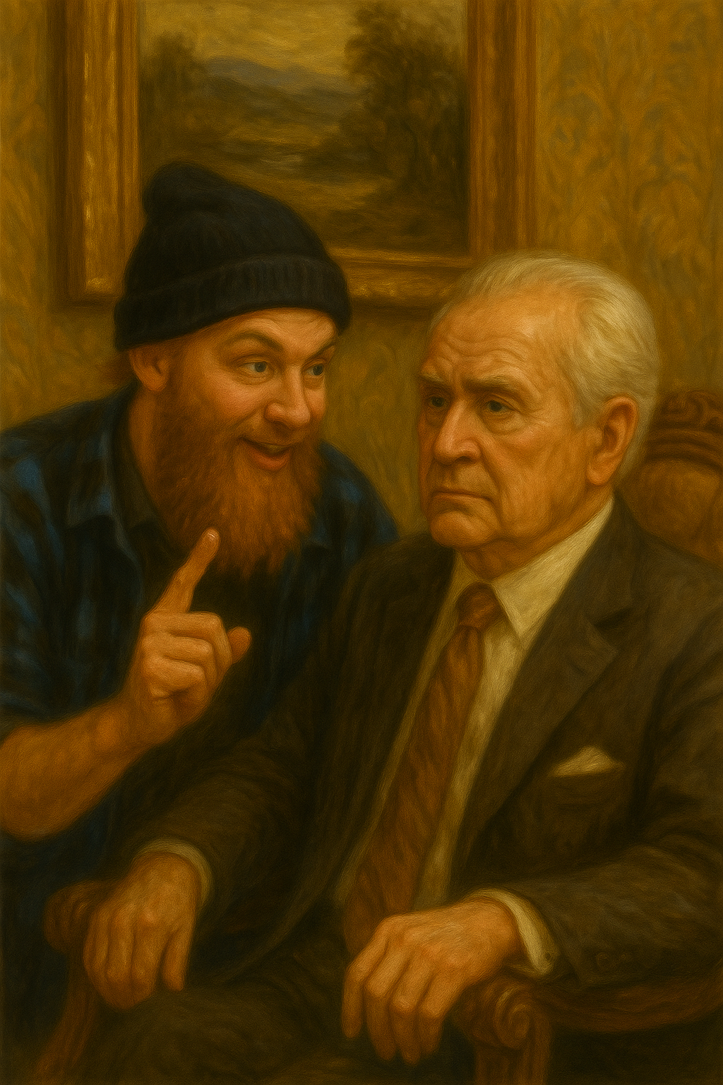 a bearded and disheveled 30-something man annoying a wealthy elderly businessman with his uncreative business proposals