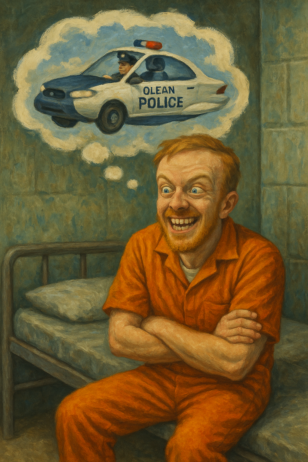 a seemingly high orange jumpsuit-clad inmate daydreaming about gifting a flying car to the olean ny police