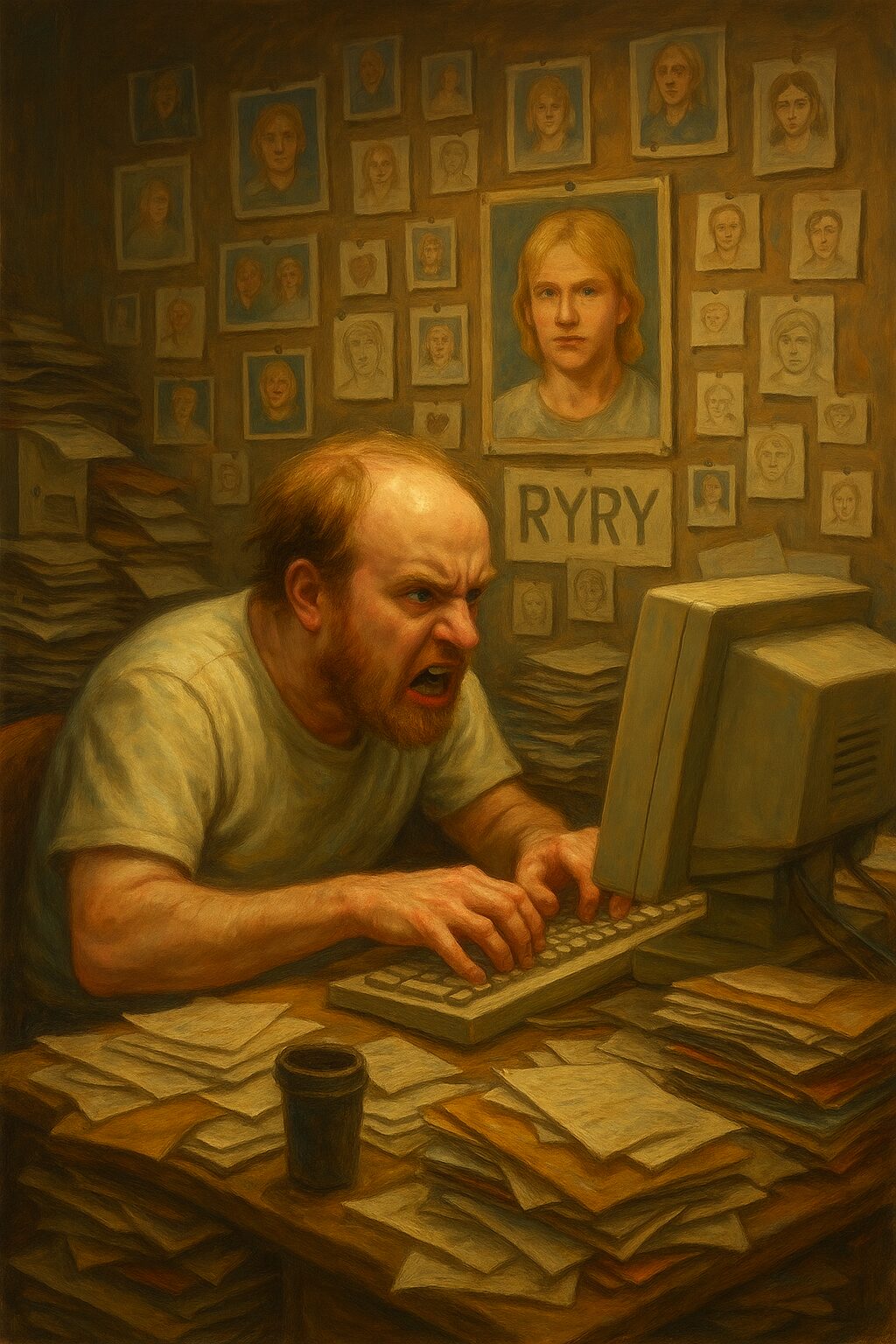 a balding white 30-something male stalker angrily looking at a computer screen in a hoarded home office with a shrine to his victim on the wall