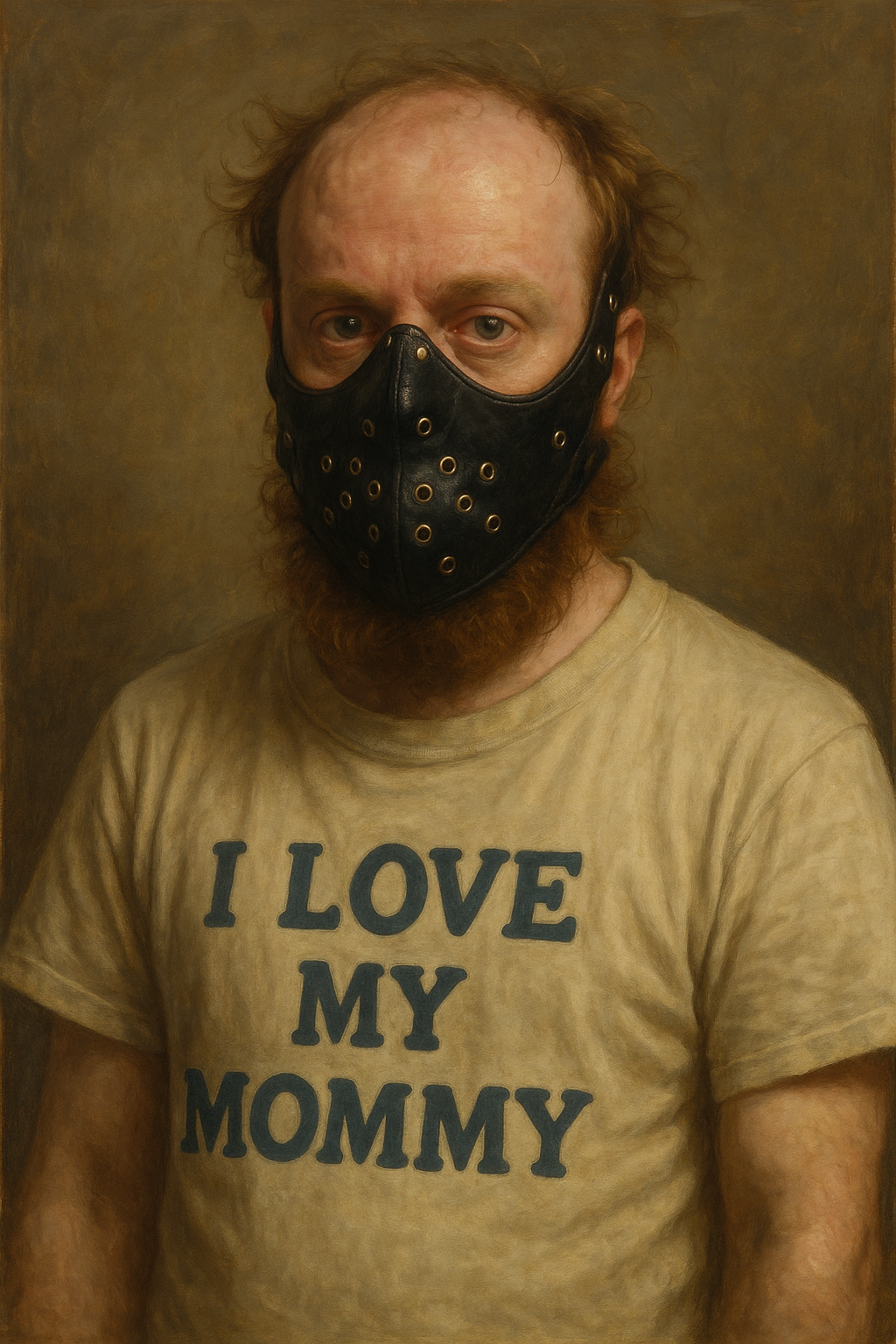 not luke wenke i love my mommy tshirt white balding man black leather mask disheveled