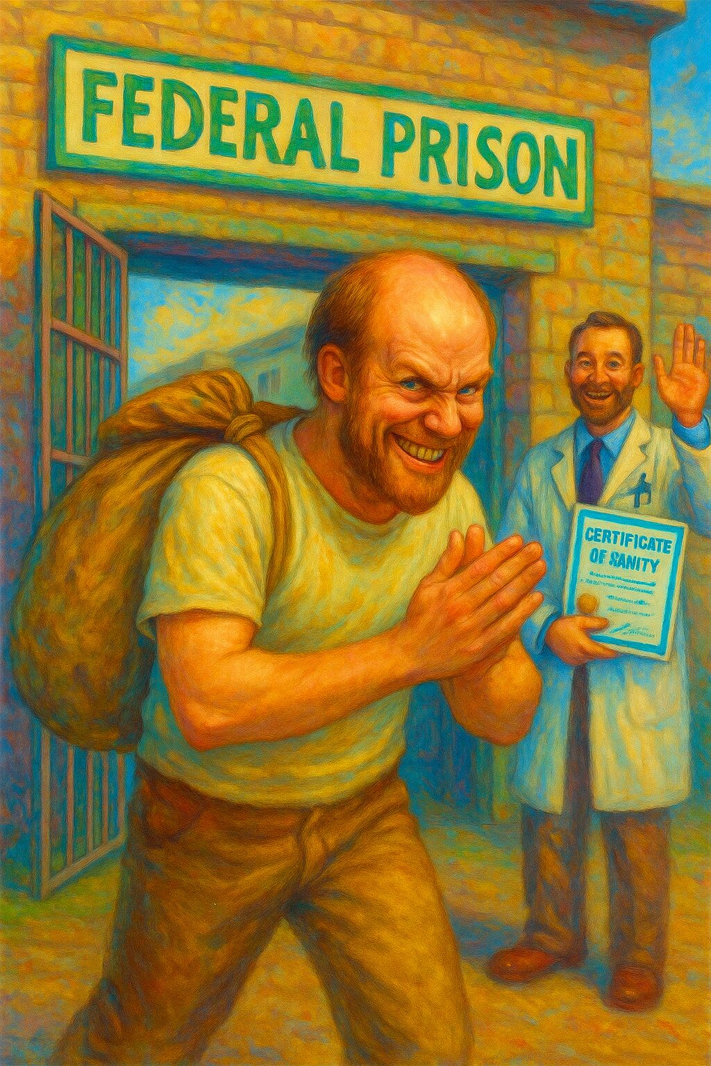 a grinning generic balding bearded white man leaving prison with a certificate of sanity