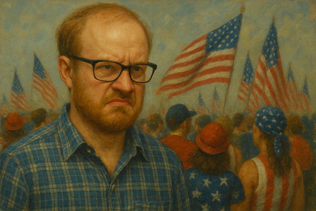 not luke wenke angry balding white man black glasses patriotic gathering