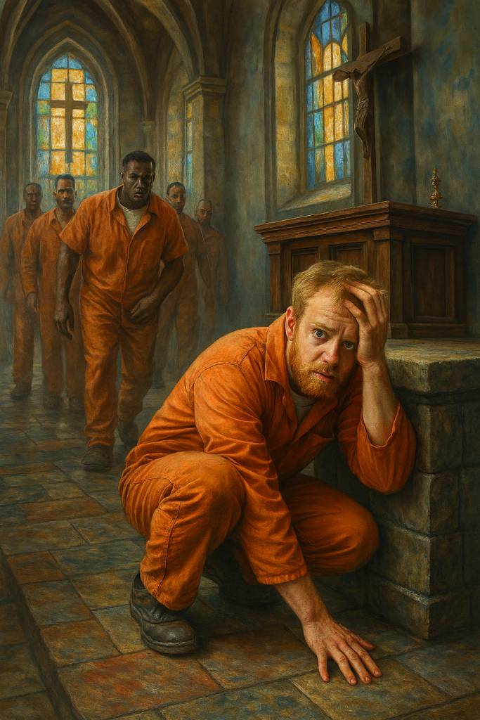 not luke wenke prisoner being chased orange jumpsuit jail prison chapel inmates