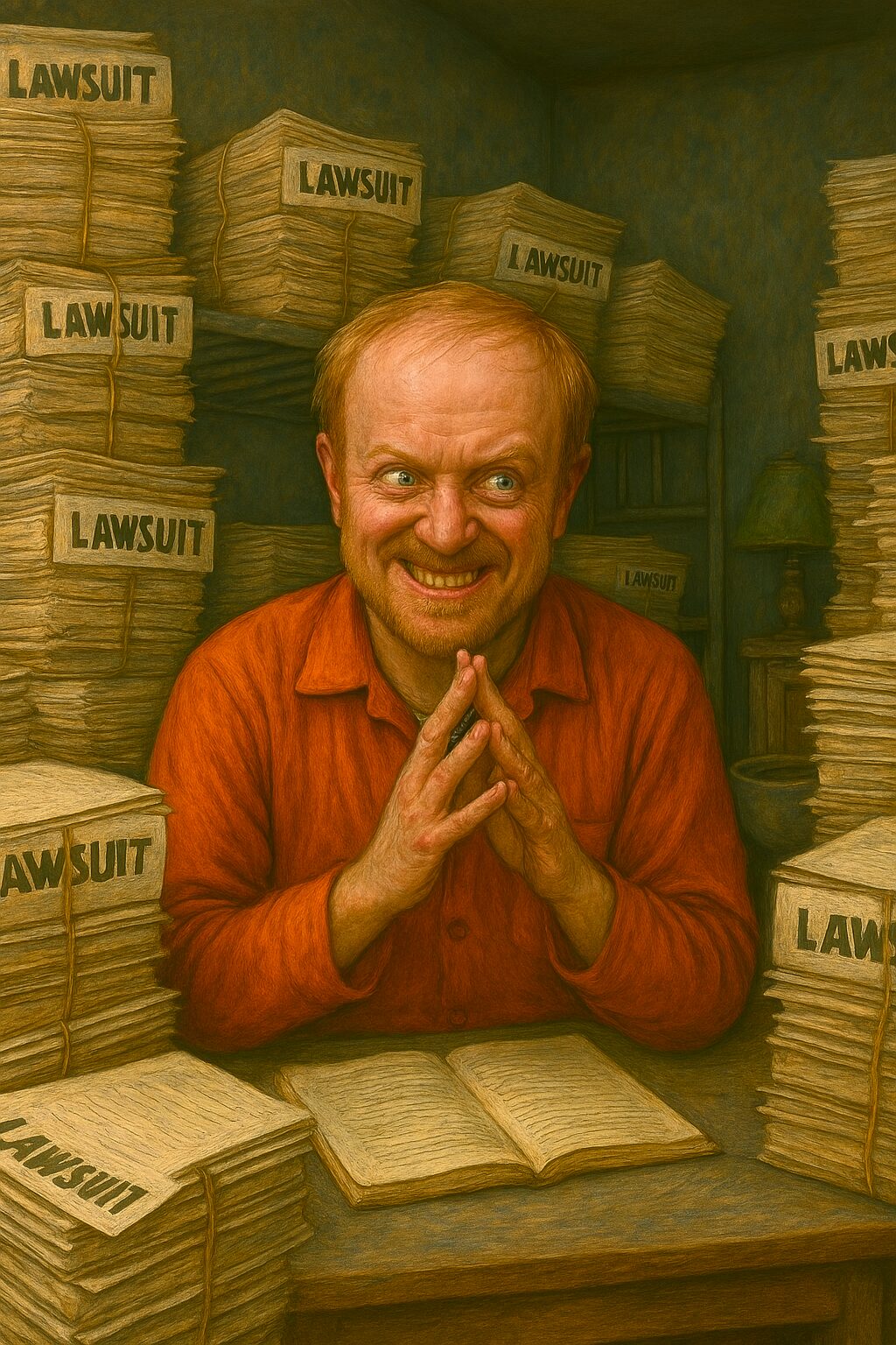 a seemingly crazed white male inmate wearing an orange jumpsuit and rubbing his hands together while surrounded by stacks of lawsuit papers
