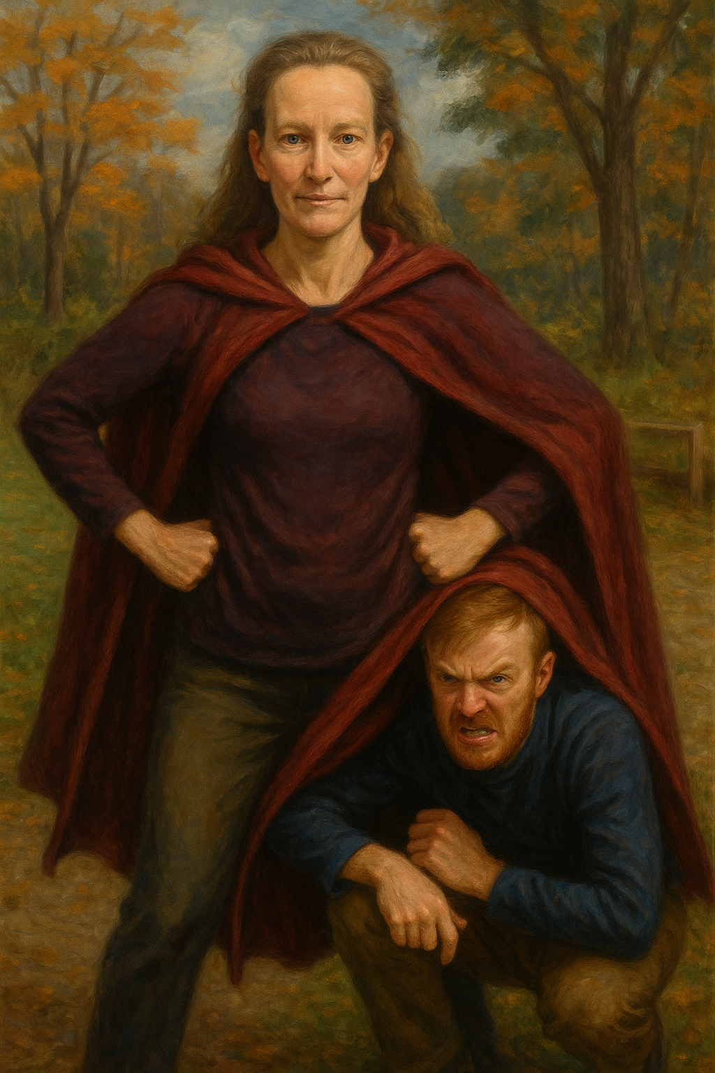 a painterly image of an adult man cowering fearfully on the ground beneath his protective mother's cloak