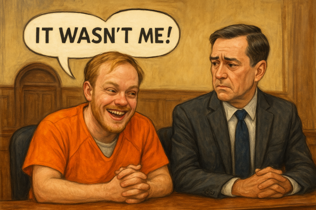 not luke wenke defendant inmate detainee orange jumpsuit white man courtroom luaghing sarcastic denial defense attorney