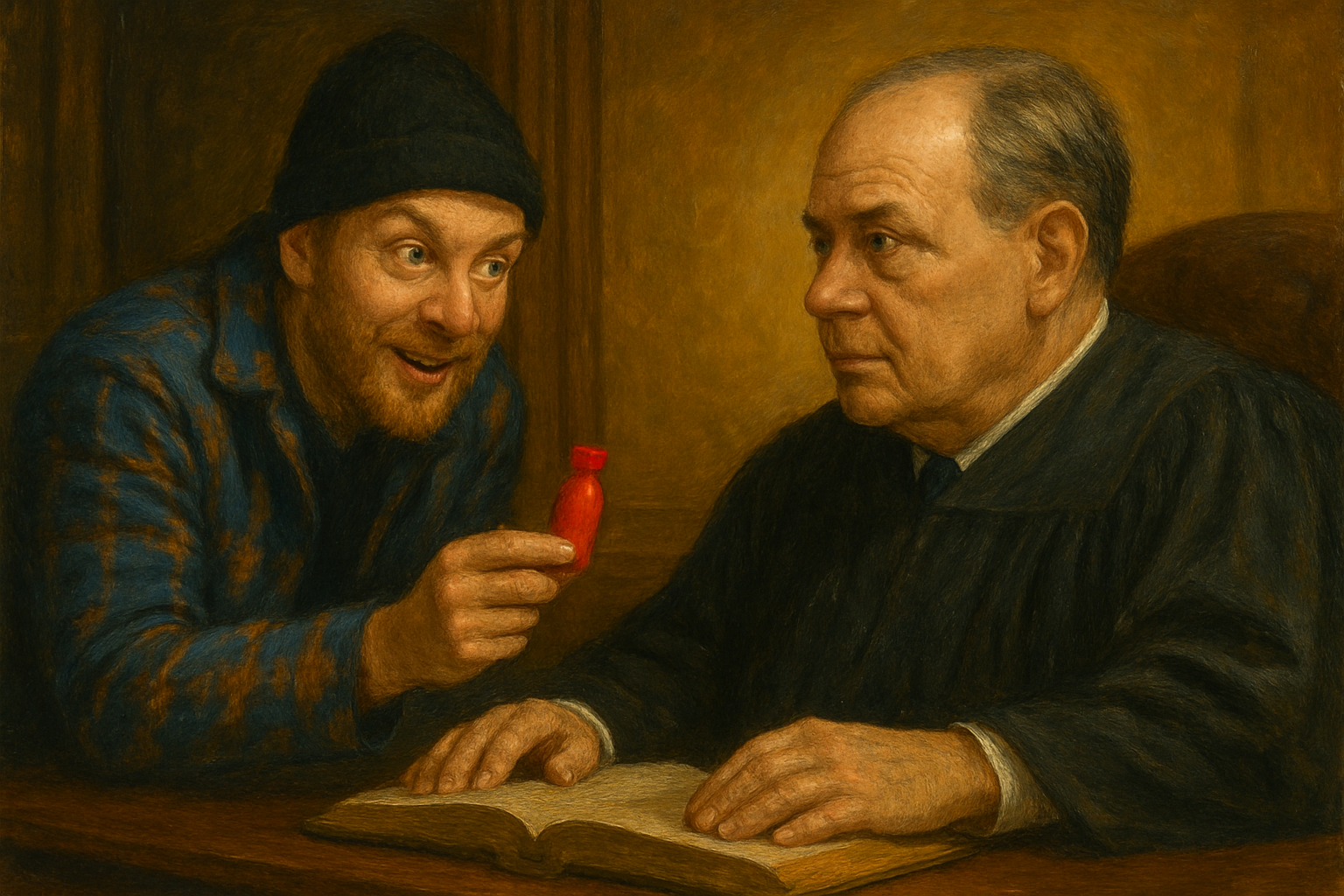 a white male defendant trying to feed a five-hour energy drink to an elderly federal judge
