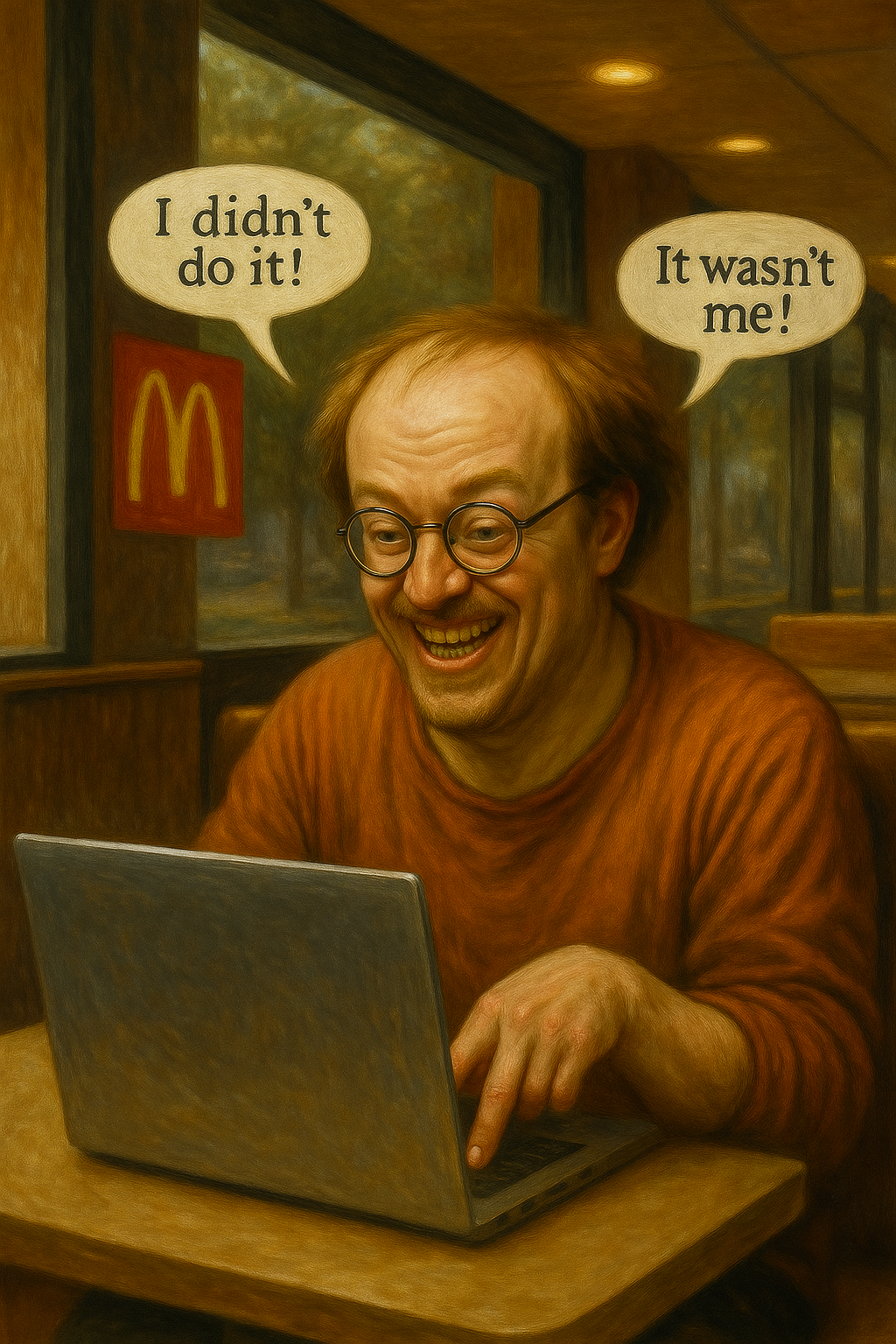balding white man at mcdonalds typing on laptop while laughing diabolically and saying "it wasn't me"