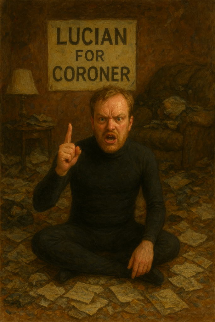 not luke wenke sitting on floor white man black latex suit balding ugly hoarded house lucian for coroner sign