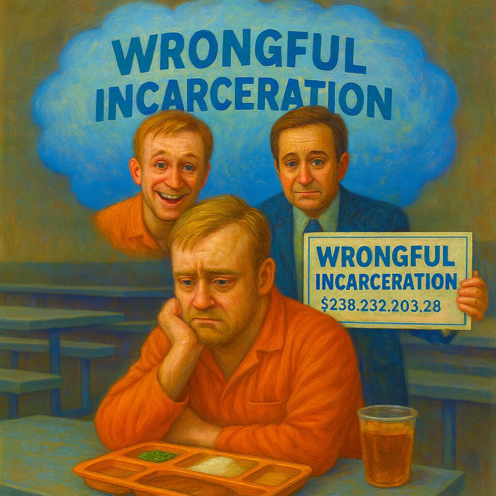 a generic orange jumpsuit-clad adult male inmate depressed in a prison cafeteria and daydreaming about winning a wrongful incarceration settlement