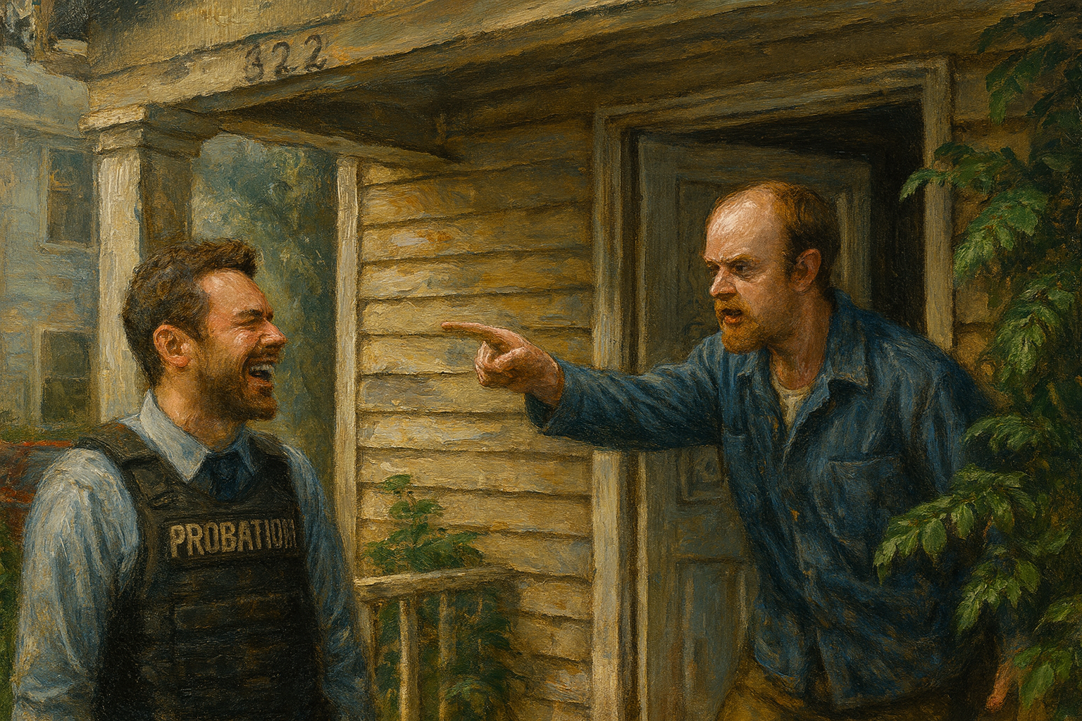 not luke wenke angry balding white man ramshackle house yelling at probation officer