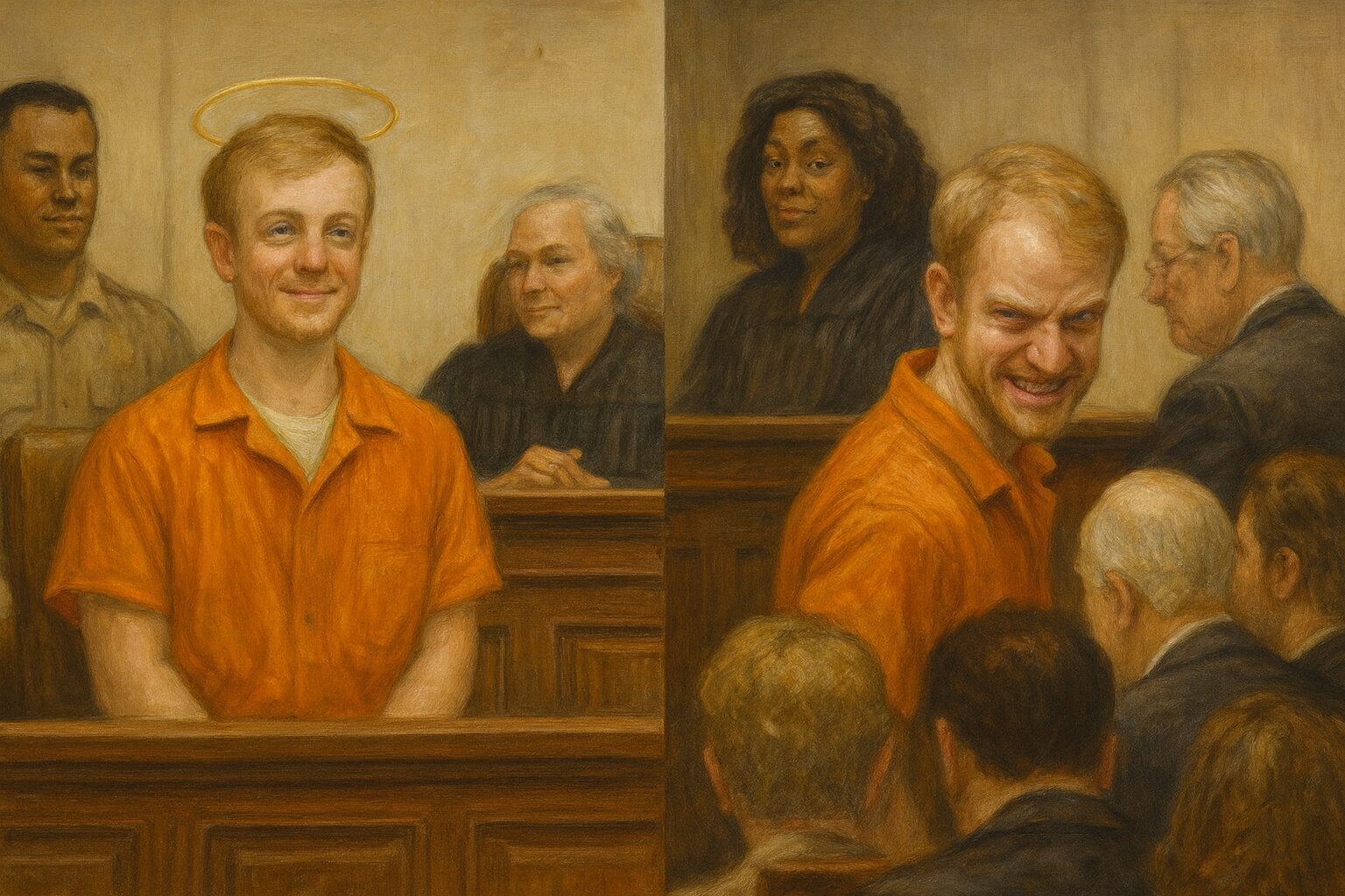 a white male criminal defendant acting well-behaved toward a judge and grinning diabolically at his victims