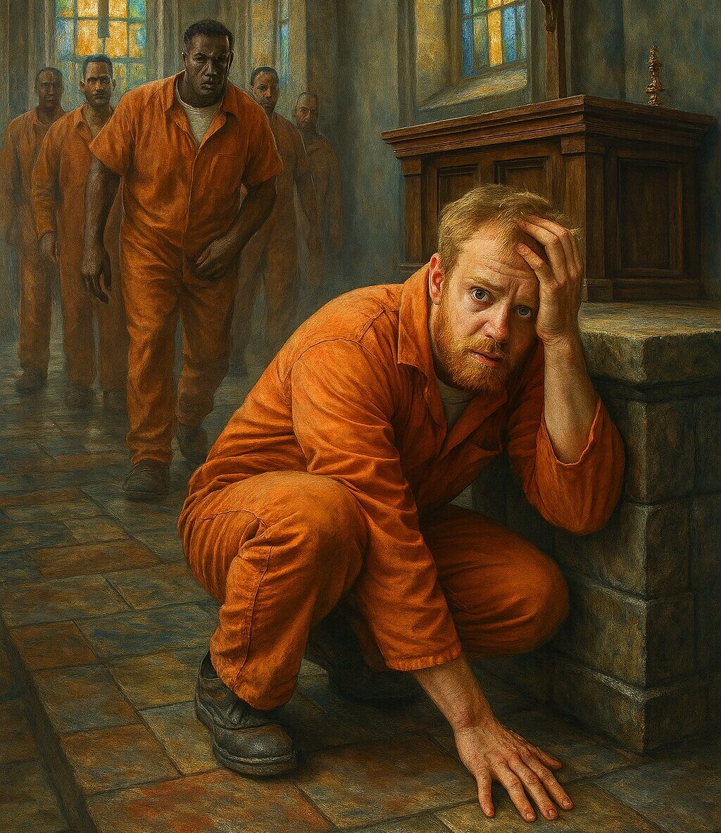painterly image of a balding white male prisoner trying to hide and run from angry fellow inmate
