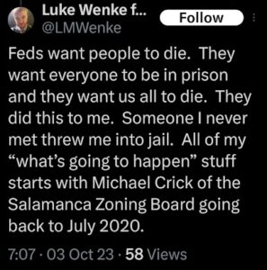 screenshot of an october 2023 x/twitter post by luke wenke accusing the federal government of ruining his life