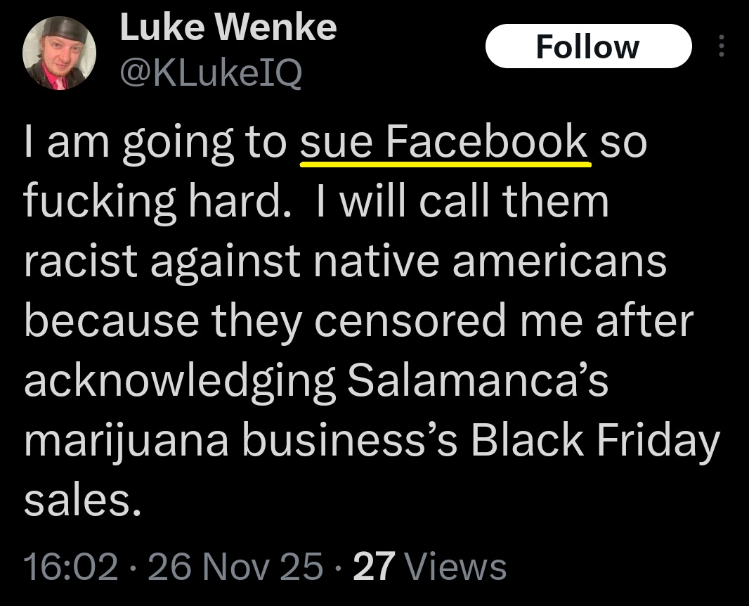 screenshot of luke wenke threatening to sue facebook in an x/twitter post november 2025