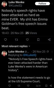 luke wenke x twitter screenshot self-pity victim 2025