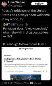 screenshot of a november 2025 Luke Wenke x/twitter post supporting russia over the usa