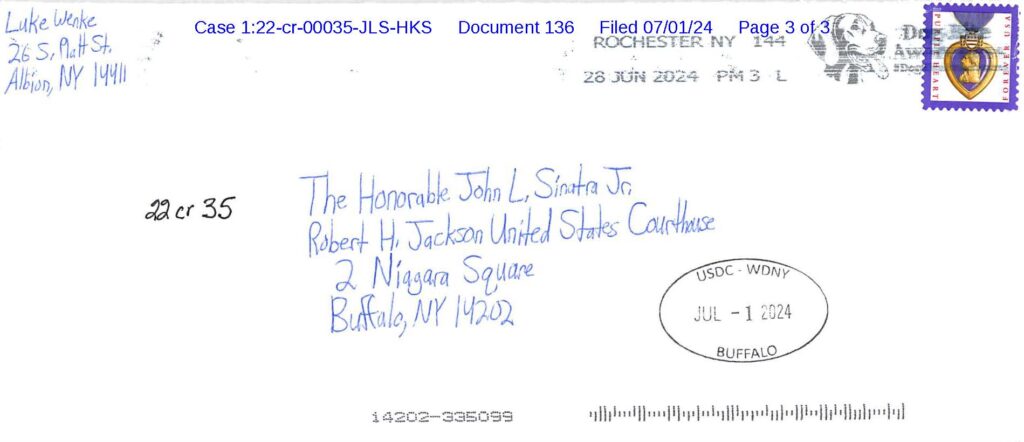 letter from luke wenke to the honorable john l. sinatra jr.; july 2024