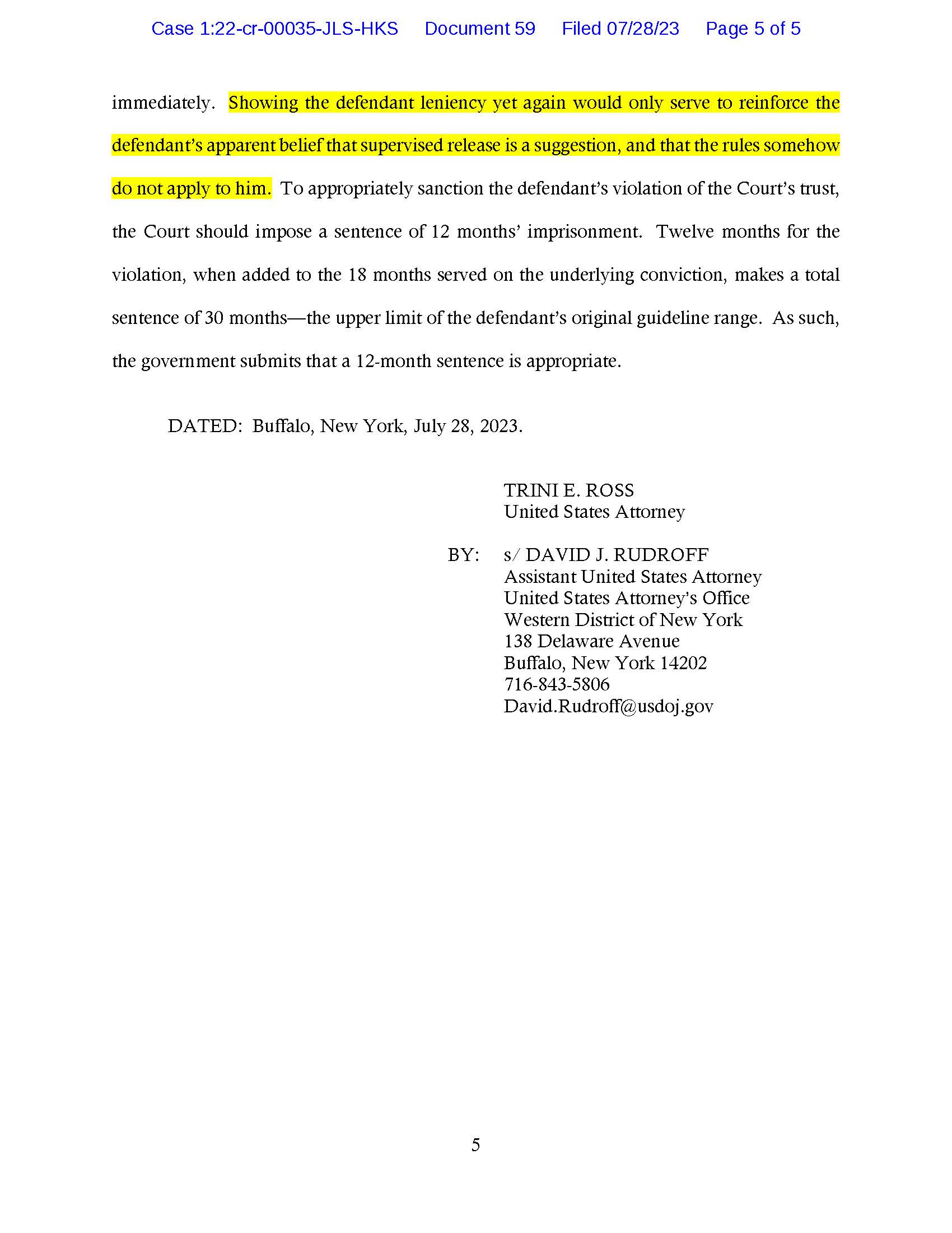usa v. luke wenke sentencing memorandum for violating probation by contacting victim 07-28-2023