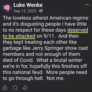 luke wenke says that america deserves to be attacked x/twitter screenshot september 2023
