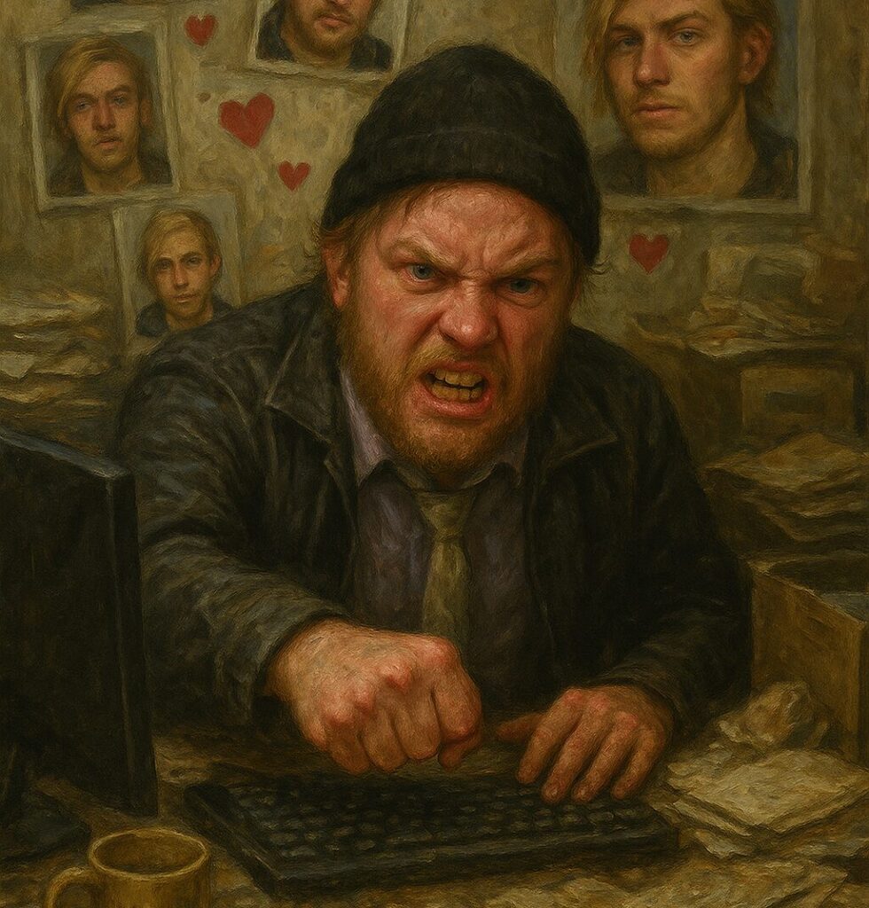 not luke wenke angry white man sitting desk computer rampage obsession stalker shrine ryan